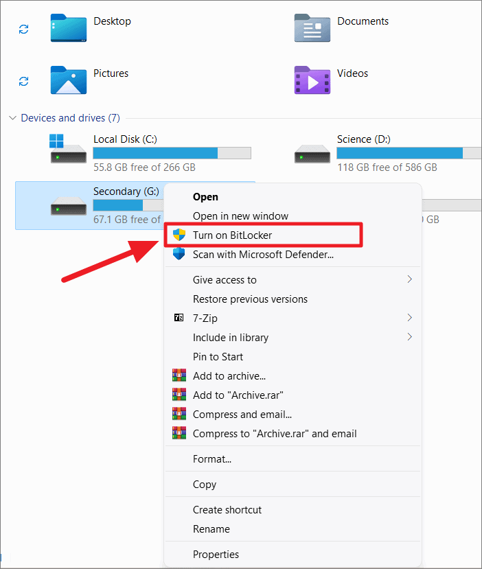 Turn on BitLocker option in File Explorer