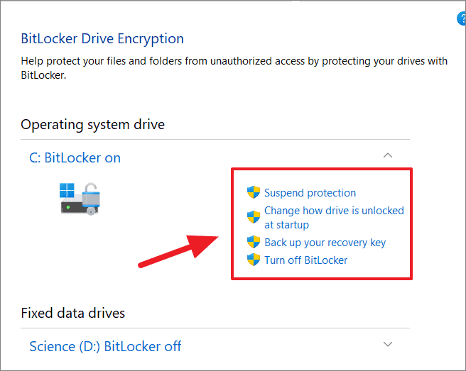 BitLocker management options