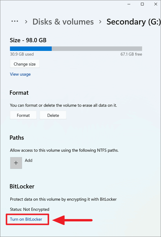 BitLocker option in Settings