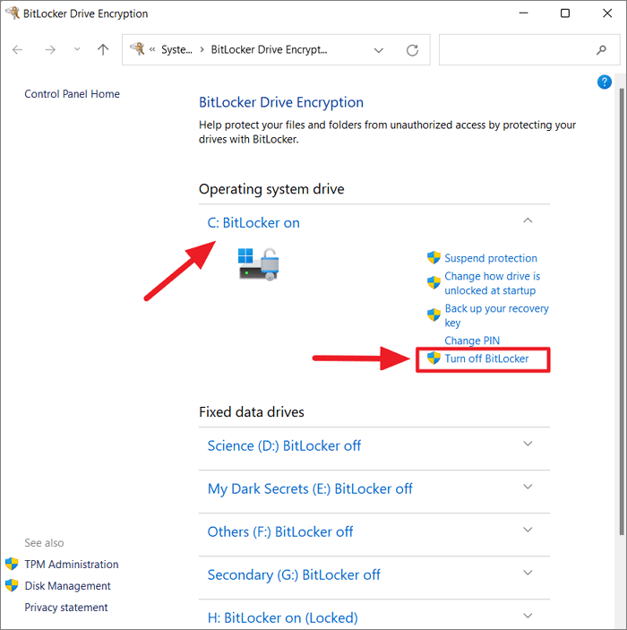 Turn off BitLocker option