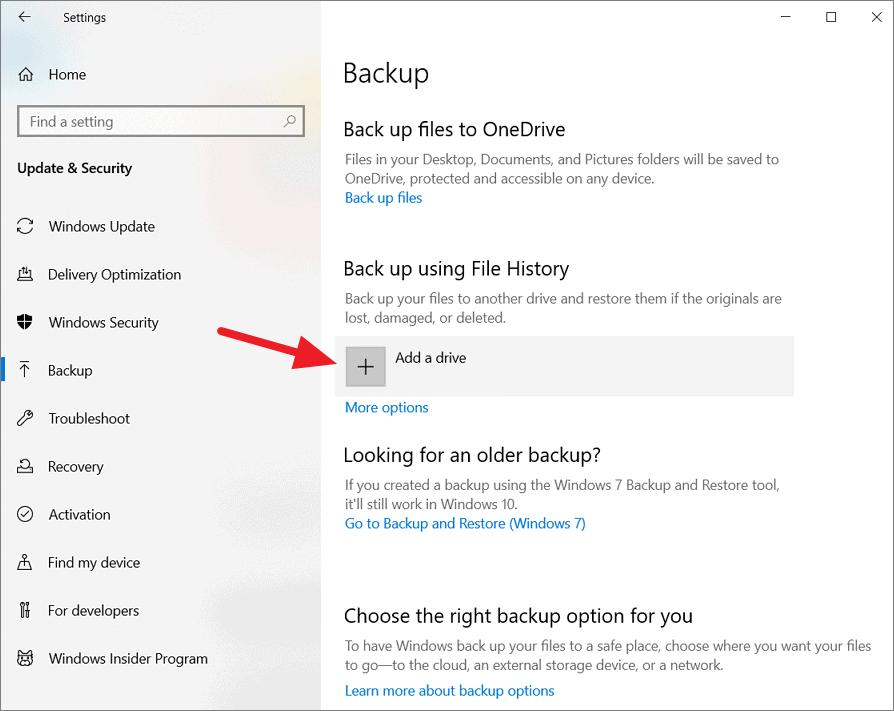 Windows 10 Backup settings