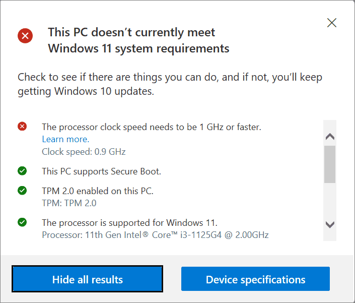 PC doesn't meet Windows 11 requirements message