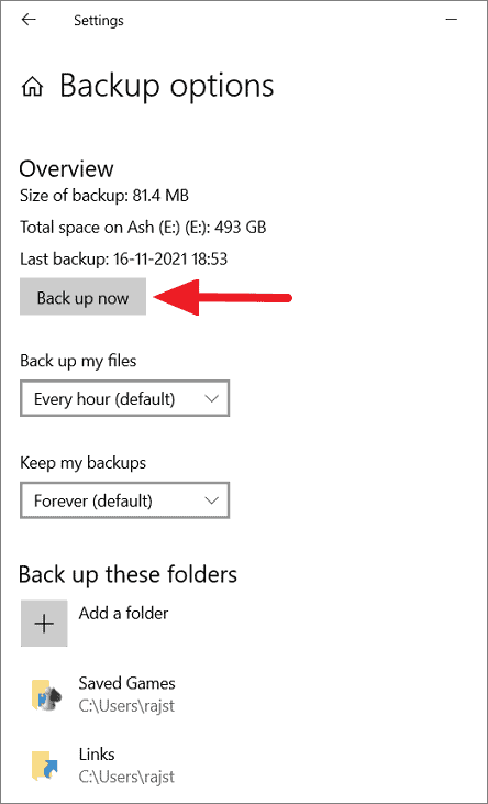 Windows 10 File History backup options