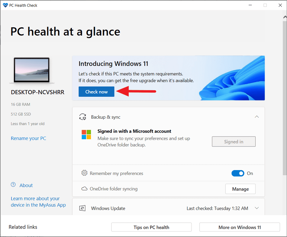 PC Health Check app interface