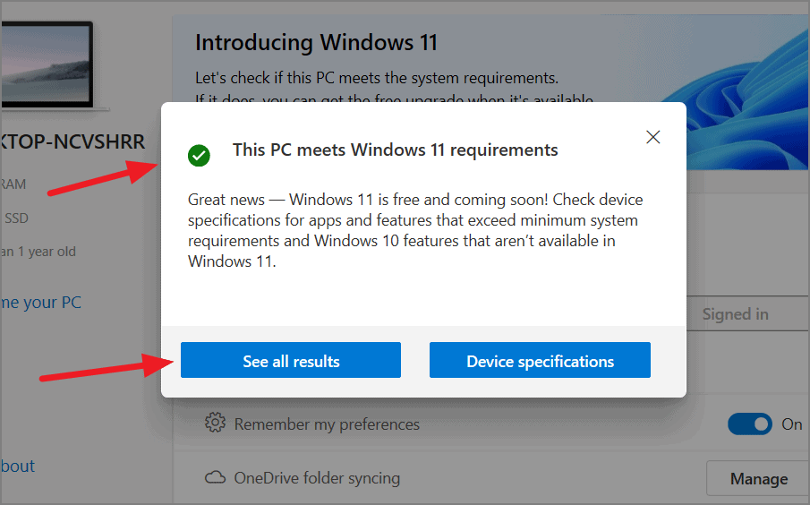 PC meets Windows 11 requirements message