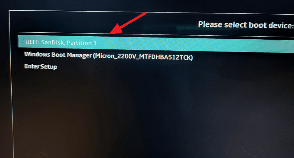 Boot menu selection screen