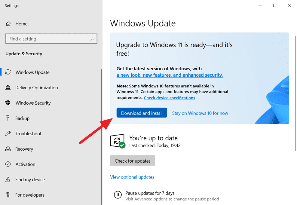 Windows 11 upgrade option in Windows Update