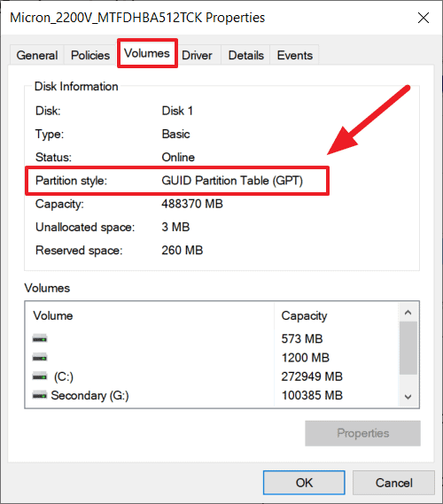 Disk properties showing GPT