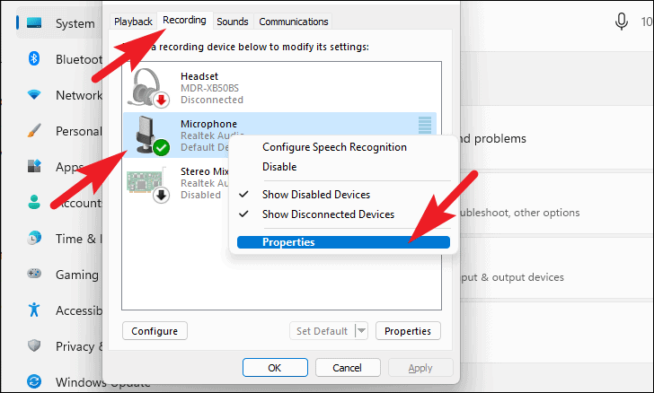 Opening Microphone properties
