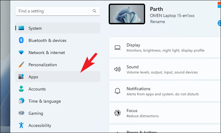 Selecting Apps in Settings