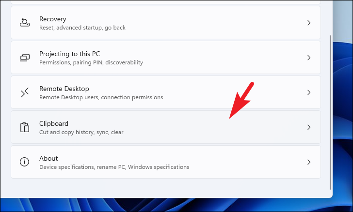 Settings app Clipboard option