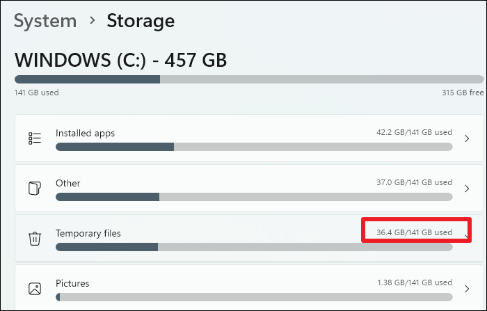 Storage usage showing Temporary files space