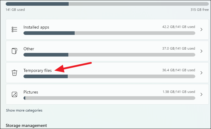 Storage settings showing Temporary files option