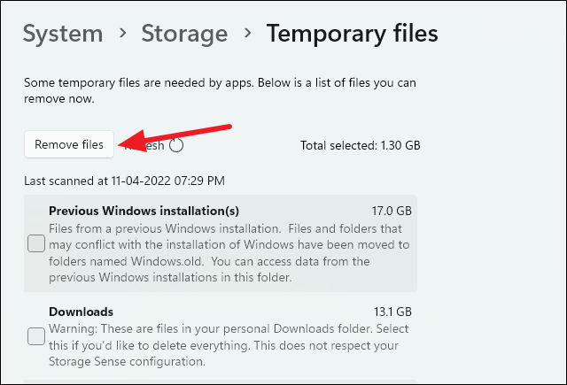 Remove files button in Storage settings