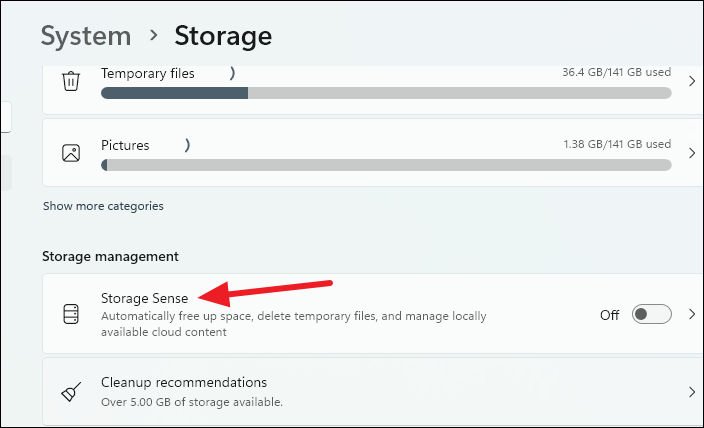 Storage Sense option in Storage settings