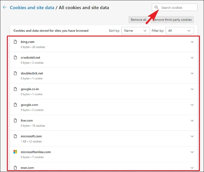 List of websites with cookies