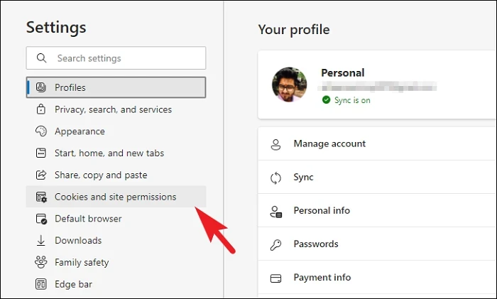 Cookies and site permissions option