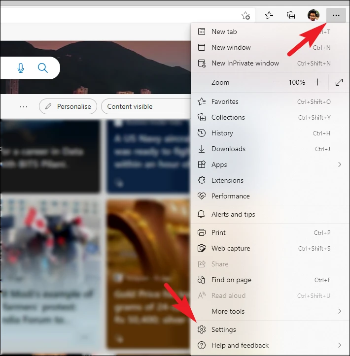 Microsoft Edge settings menu