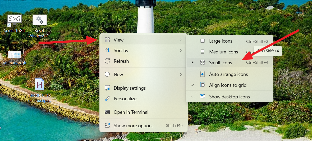 Desktop context menu showing View options