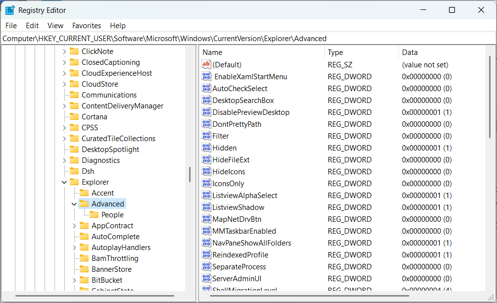 Registry Editor showing Advanced key