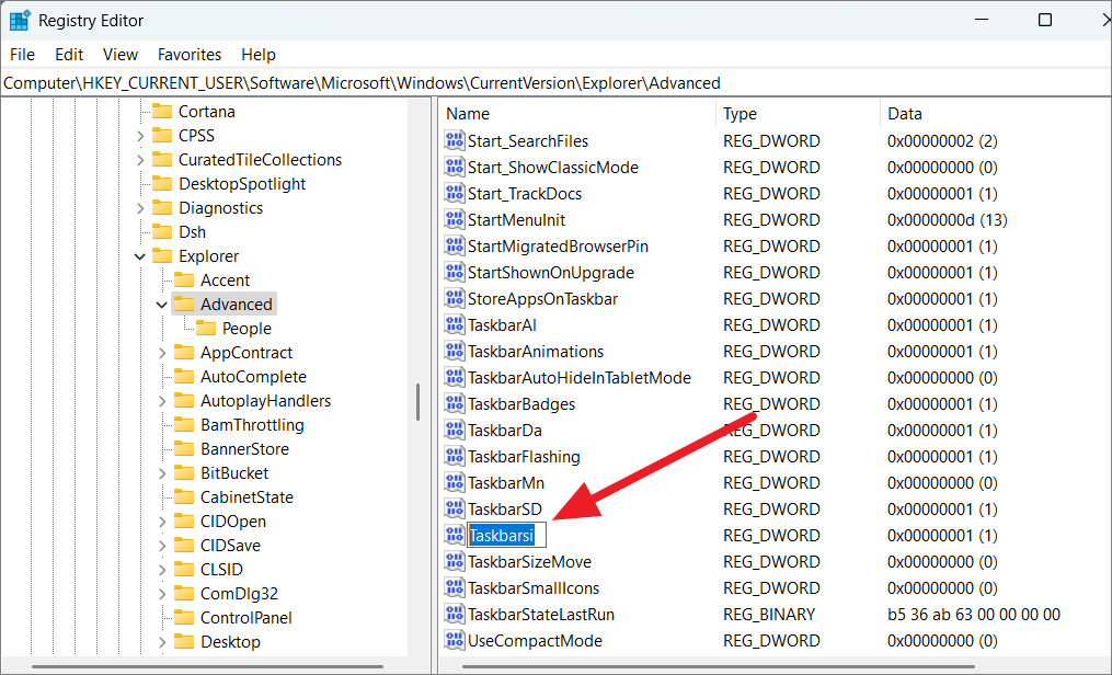 Editing TaskbarSi value in Registry Editor