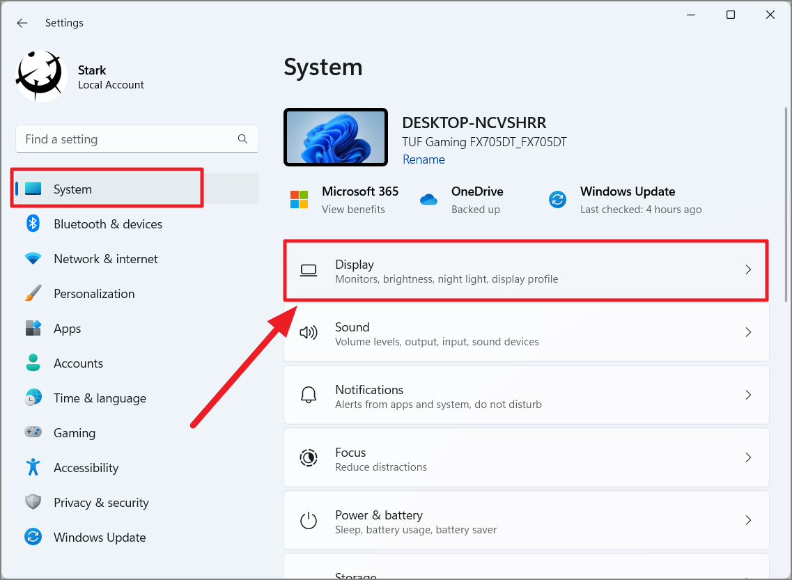 Windows Settings app showing Display option