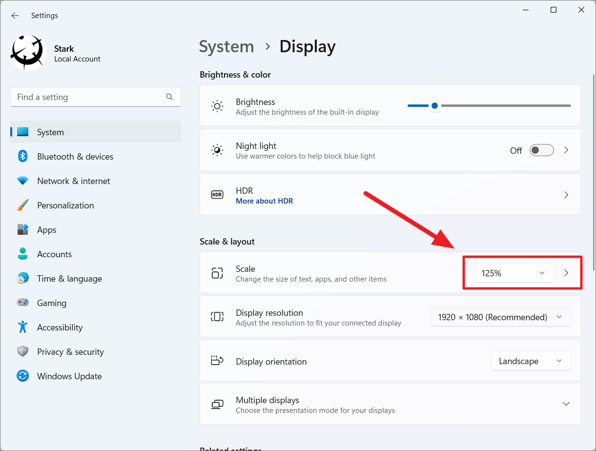 Scale dropdown menu in Display settings