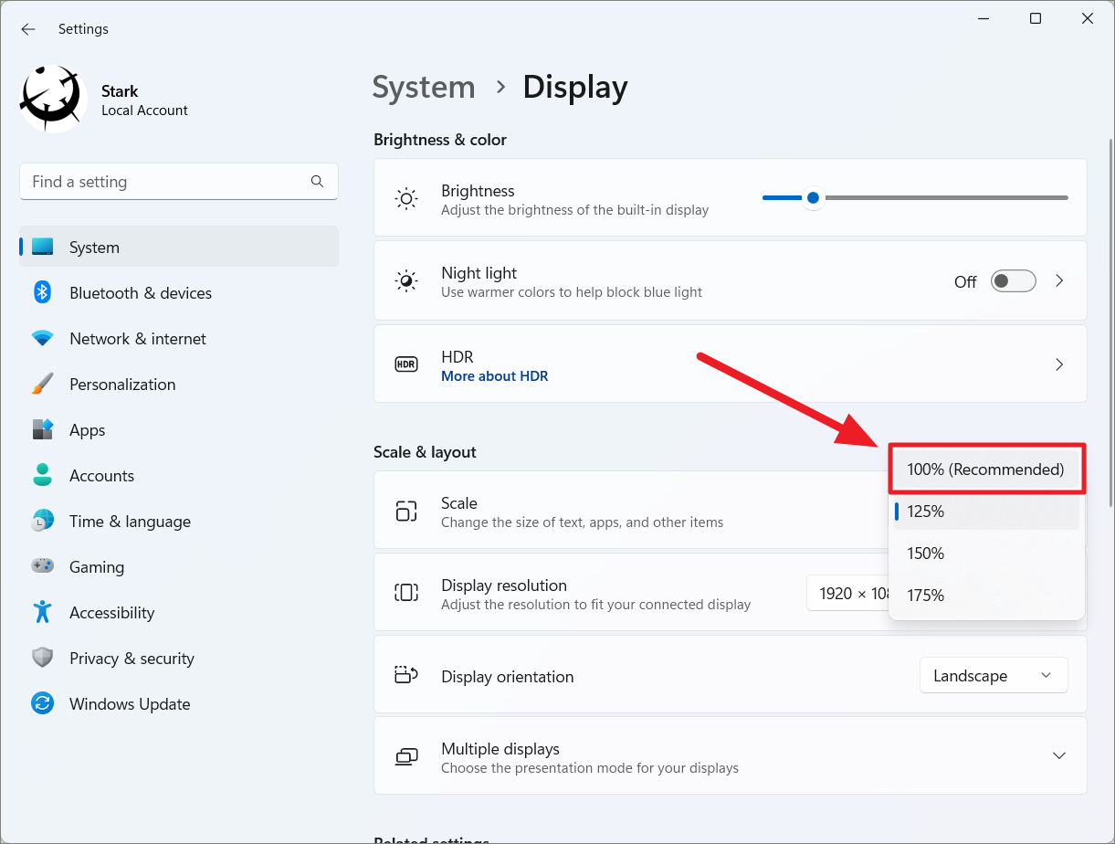 Scale options in Display settings