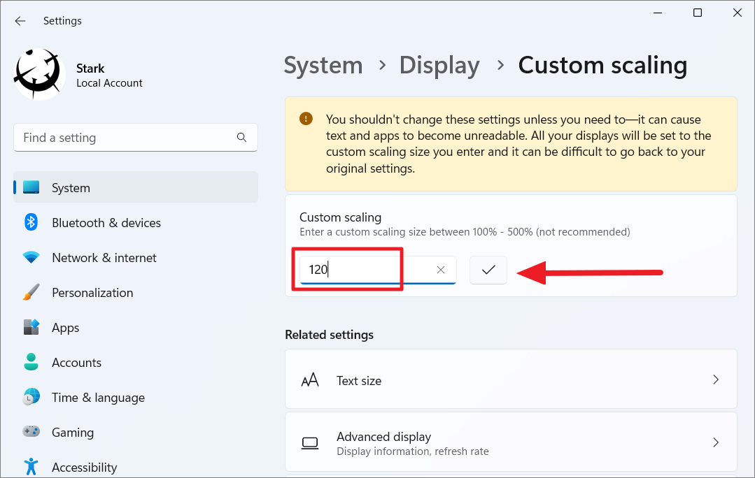 Custom scaling value input in Display settings