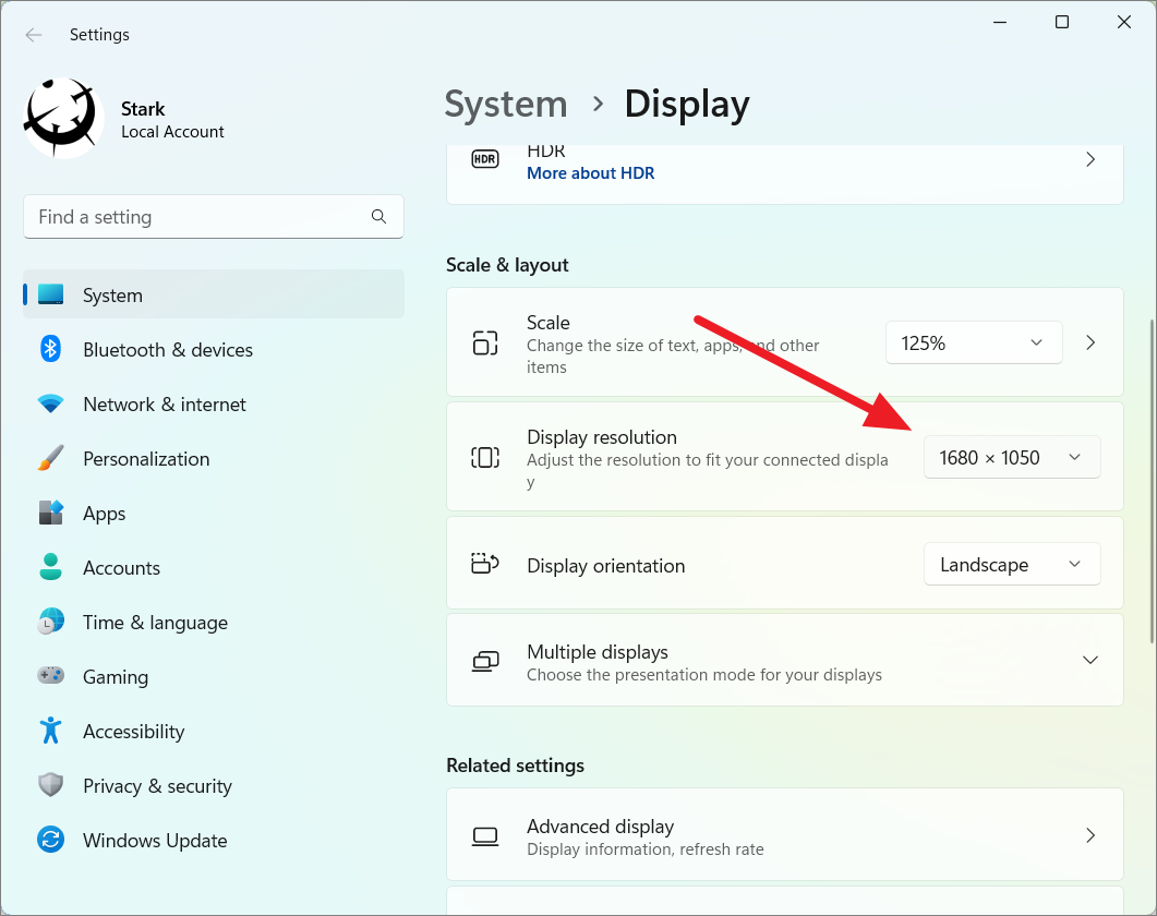 Display resolution options in Windows settings