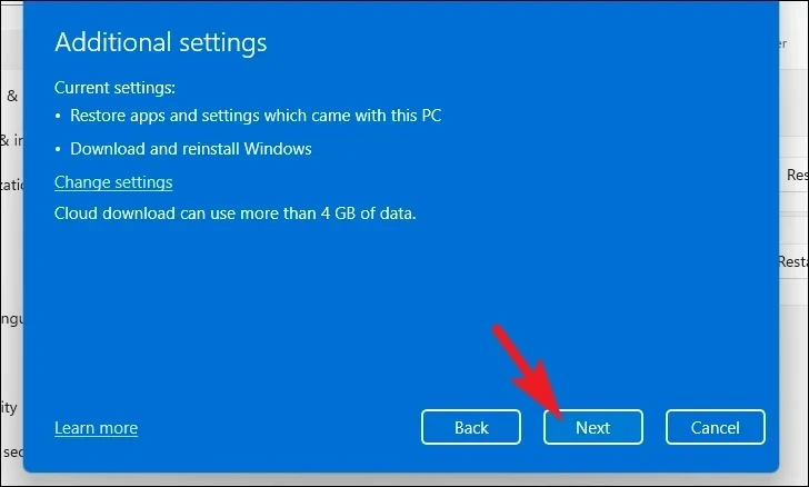 Reset PC option in Windows 11