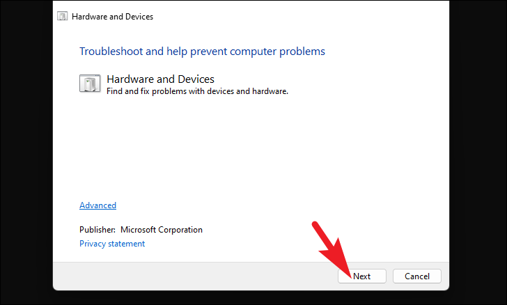 Hardware and Devices troubleshooter