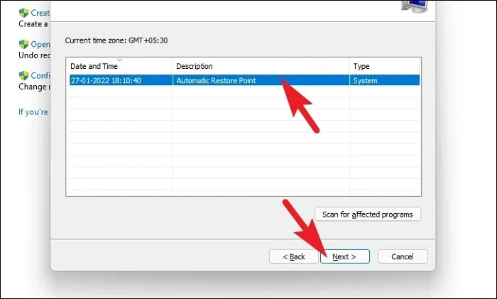 System Restore window
