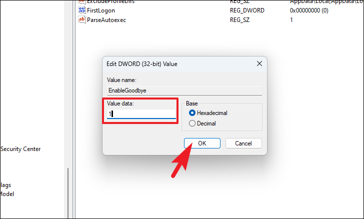 Registry Editor EnableGoodbye setting