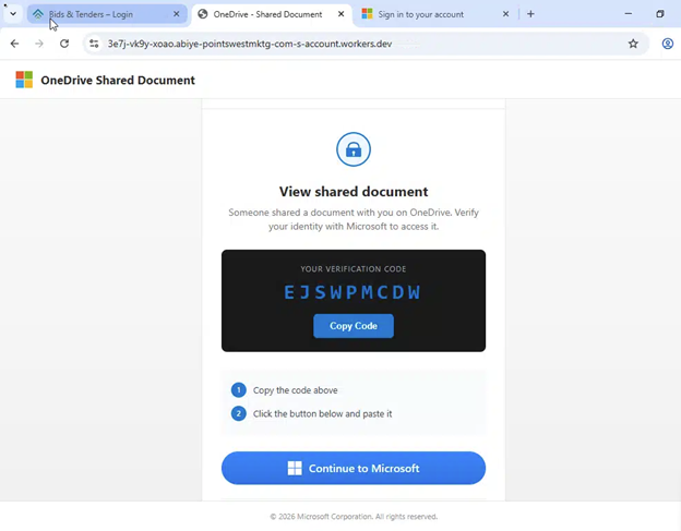 Step 2: Fake OneDrive page with the device code and a call to action