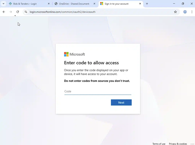 Step 3: The genuine Microsoft "Enter code to allow access" page