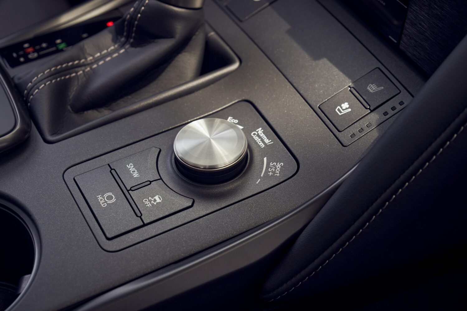 Drive mode selector and control console in the 2025 Lexus IS 500 with Eco, Normal, and Sport S+ settings