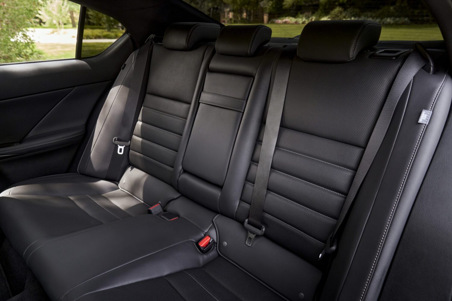 Rear leather seating of the 2025 Lexus IS 500 luxury performance sedan with contrast stitching
