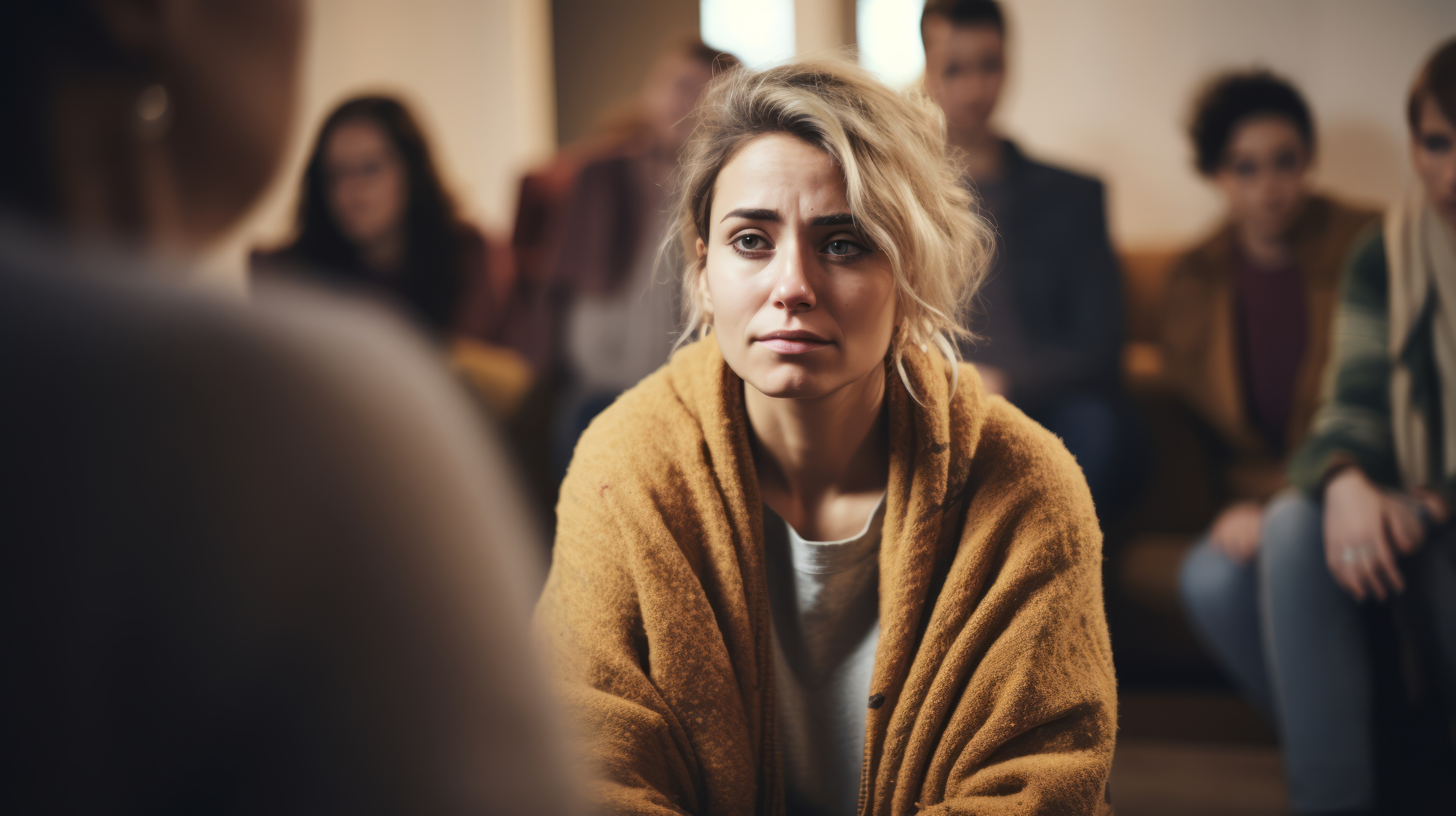 Sad depressed Woman at support group meeting for mental health and addiction issues in anonymous community space with many people around