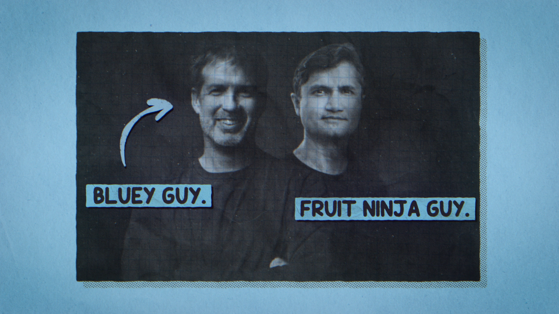 Black-and-white promotional image showing two developers side by side, labeled “Bluey guy” and “Fruit Ninja guy,” highlighting the creative team behind Bluey’s Quest for the Gold Pen.
