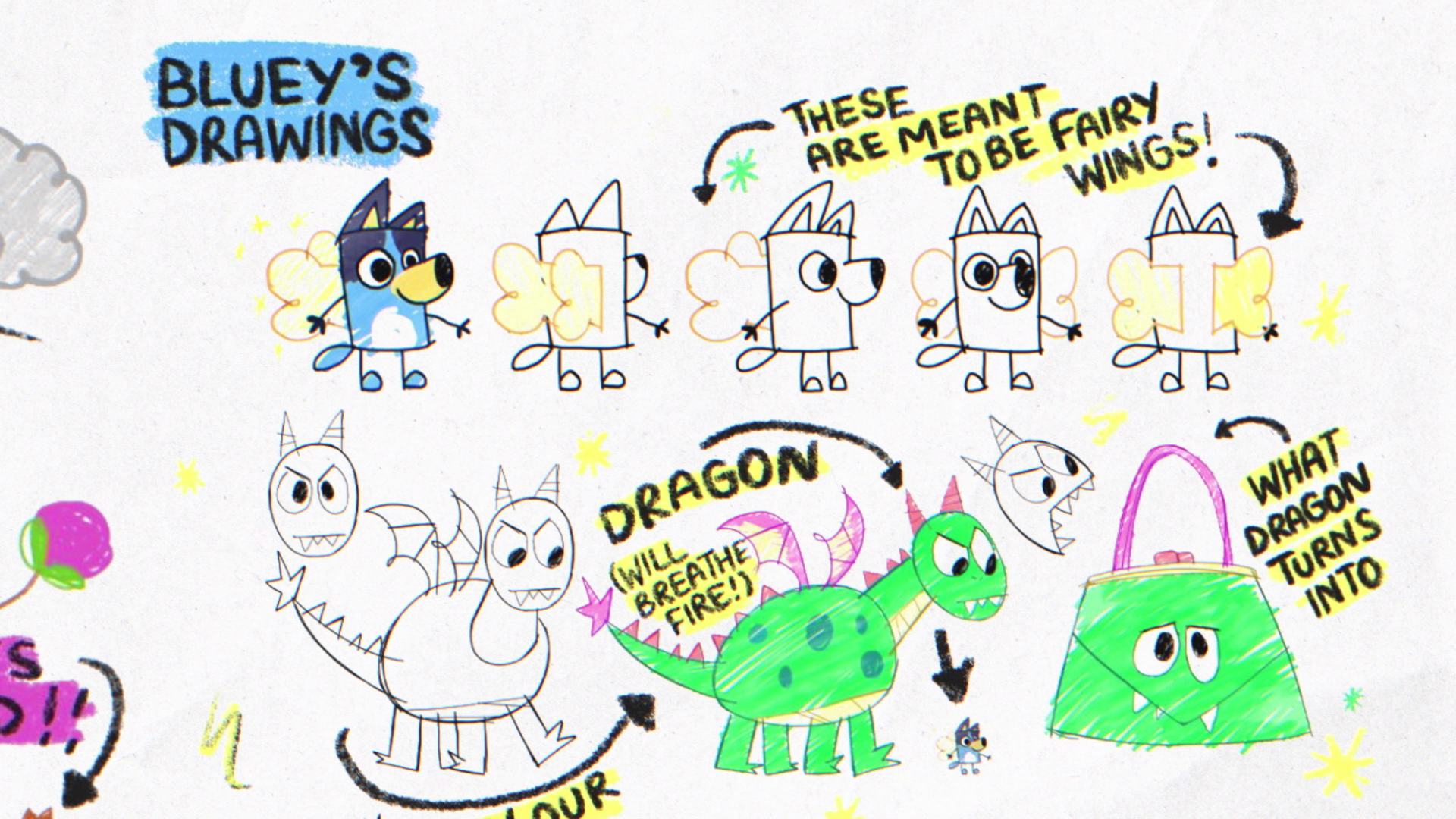 Concept art sheet featuring Bluey character drawings, fairy wings, dragons, and playful notes showing early design ideas used in the game.