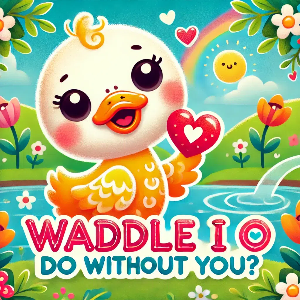 A cheerful and whimsical duck pun cartoon-style illustration featuring a duck with a loving expression, holding a small heart in its wing. The caption 'Waddle