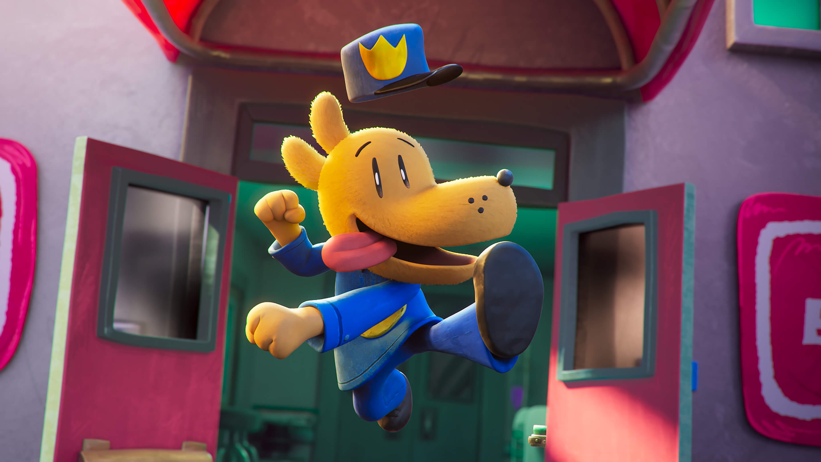 Dog Man, an animated half-dog, half-human police officer, joyfully leaps out of a police station, his hat flying off.