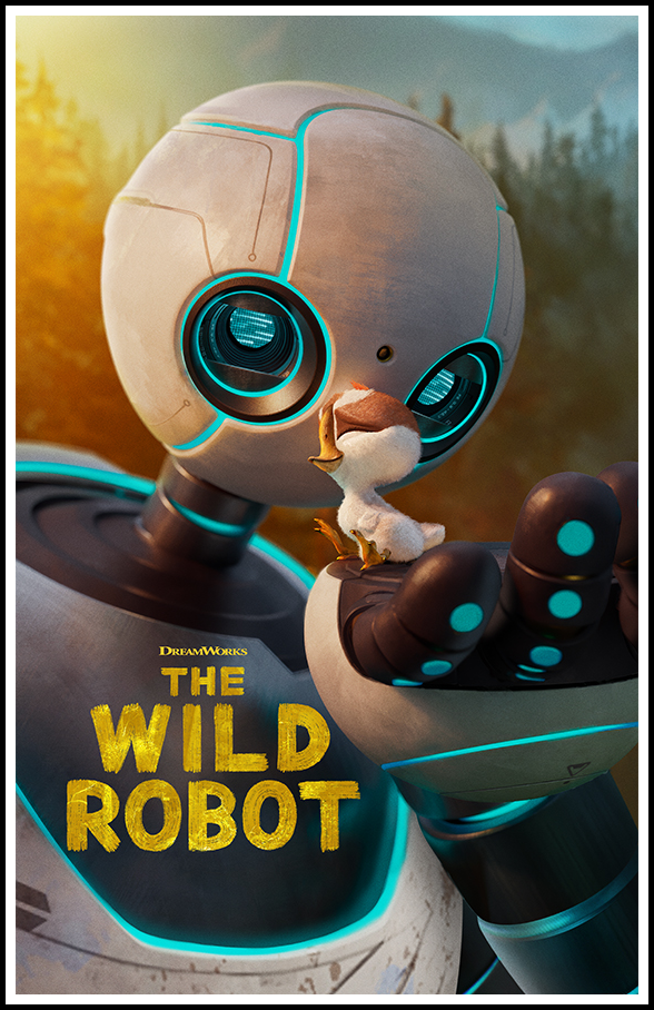 Roz, the robot, holding and looking affectionately at a gosling, showcasing the emotional bond between the characters in DreamWorks Animation's movie 'Cast of The Wild Robot'.