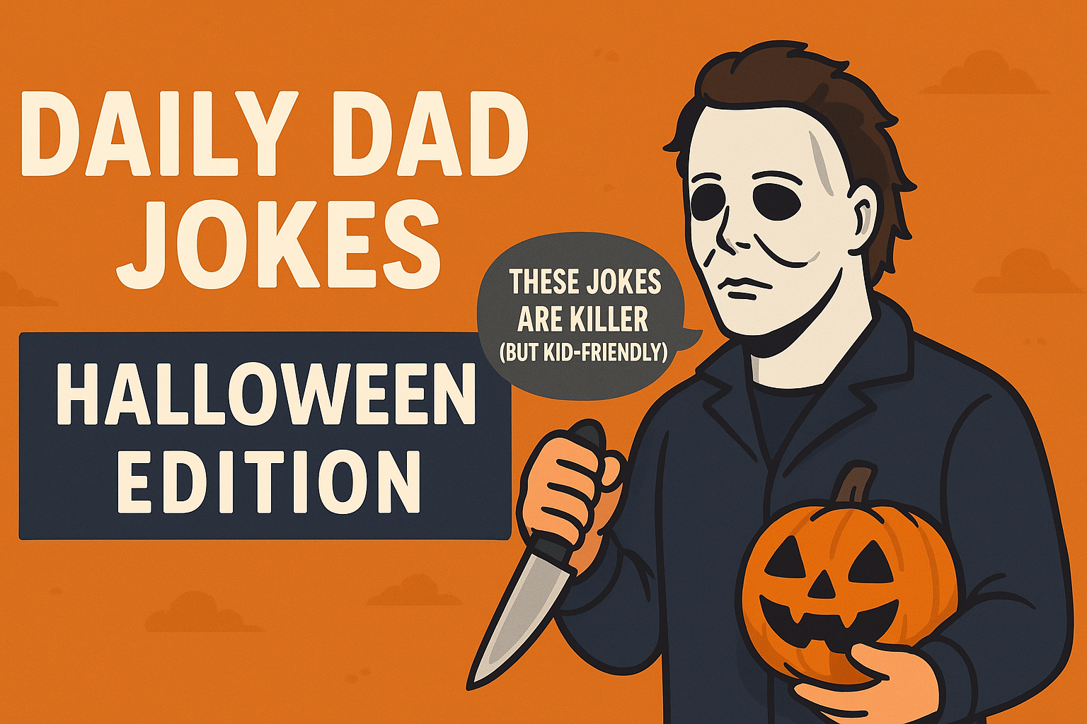 Playful Halloween graphic with a cartoon Michael Myers holding a pumpkin and knife beside the headline ‘Daily Dad Jokes — Halloween Edition’ on an orange backdrop.