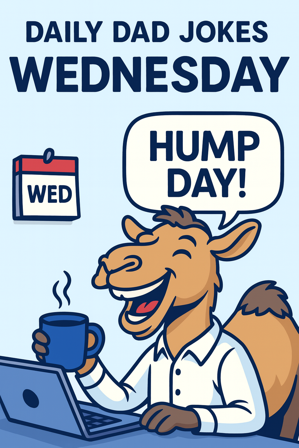 Cartoon camel in a dress shirt at a desk with coffee and laptop, saying ‘Guess what day it is? Hump Day!’ with a wall calendar showing Wed — Daily Dad Jokes Wednesday graphic.