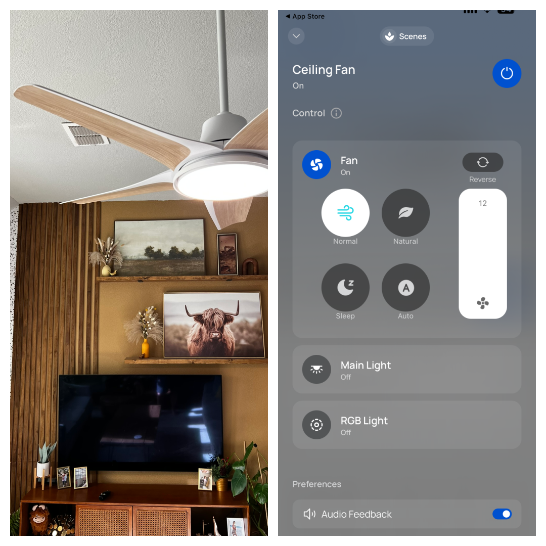 Side by side of the DREO Smart Ceiling Fan CLF712S and the dreo app