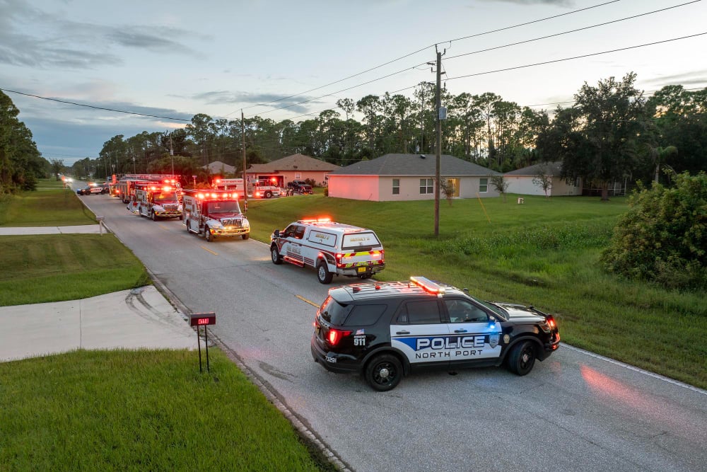 Emergency service trucks at the scene investigation