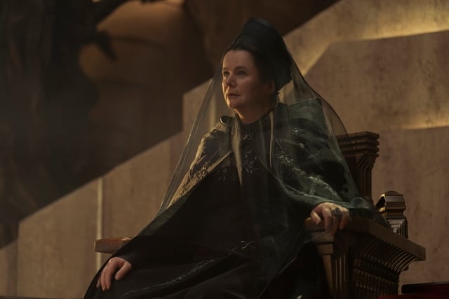 Emily Watson as Valya Harkonnen, one of the founding figures of the Bene Gesserit. Her attire and setting reinforce her role as a calculating strategist shaping the future of the Sisterhood.