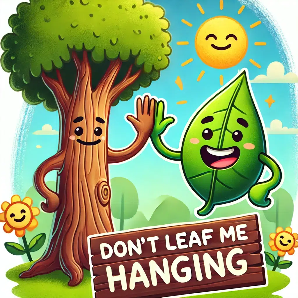 Fun Tree Puns in a whimsical cartoon illustration of a tree character giving a high five with one of its branches. The tree has a friendly and expressive face,